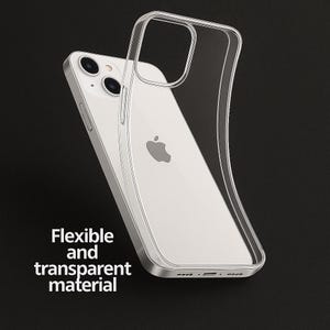 May include: A clear, transparent phone case is shown, with the phone inside. The case is made of a flexible material. The phone is white with a silver frame. The text "Flexible and transparent material" is displayed.