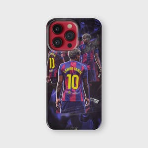 May include: A black phone case featuring a design of a soccer player in a red and blue striped jersey with the number 10 and the name "Lamine Yamal". The case has a glossy finish and a black border.