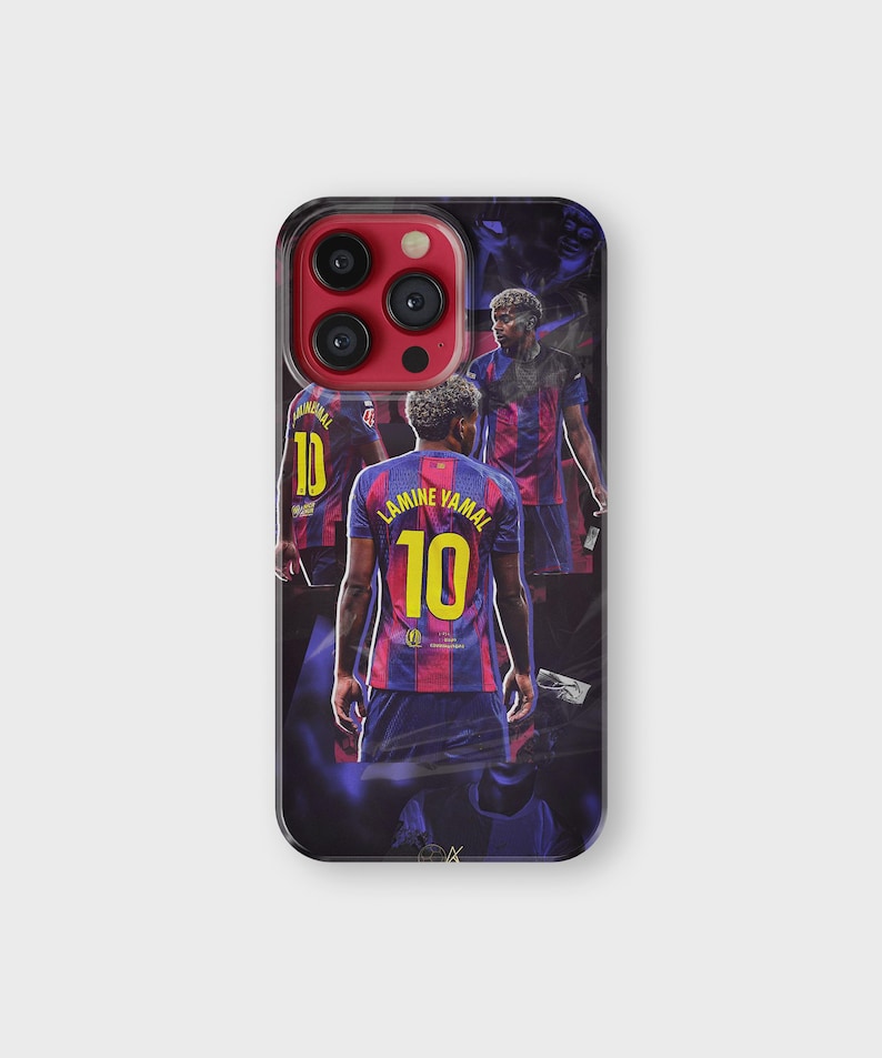 May include: A black phone case featuring a design of a soccer player in a red and blue striped jersey with the number 10 and the name "Lamine Yamal". The case has a glossy finish and a black border.