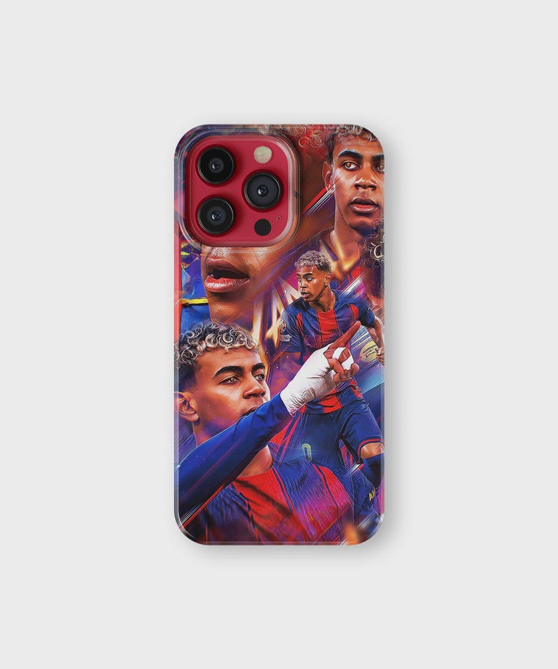 May include: A clear phone case featuring a collage of images of a soccer player in a blue and red uniform. The images show the player in action, with close-up shots of his face and body. The case has a glossy finish.