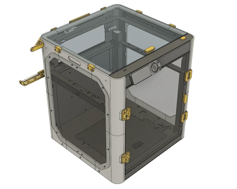 Puede incluir: Una carcasa de impresora 3D blanca con una puerta de pl&aacute;stico transparente y bisagras amarillas. La carcasa tiene un interior negro y una base negra.