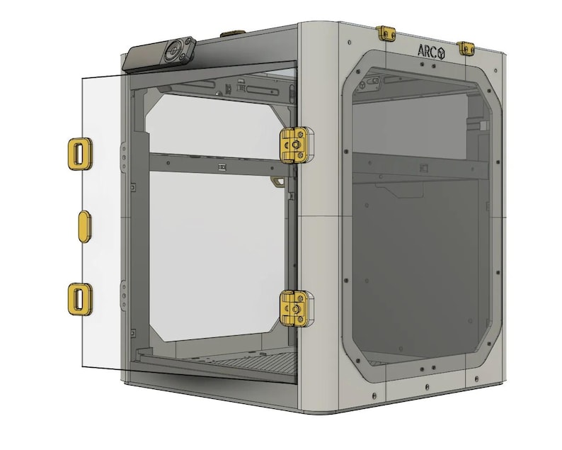 Puede incluir: Una impresora 3D gris con una puerta transparente y cierres magn&eacute;ticos amarillos. La impresora tiene la palabra "ARCO" impresa en el lateral.