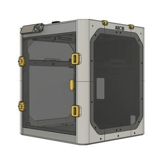 May include: A white 3D printer with a clear plastic enclosure and a black front panel. The printer has a yellow latch on the side and the text "ARC-O" on the front panel.