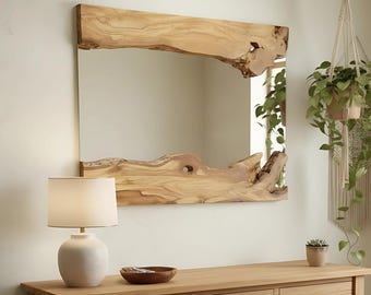 May include: A light wood console table with three drawers and a lower shelf, topped with a white lamp and a wooden bowl. A large, natural-edge wooden mirror hangs above. The room is decorated with plants and a woven rug.