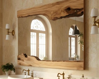 May include: A bathroom with a large, rectangular mirror framed by a natural wood slab. The mirror reflects a window and a pendant light. The vanity has two sinks with bronze faucets, and the walls are tiled in a neutral color.