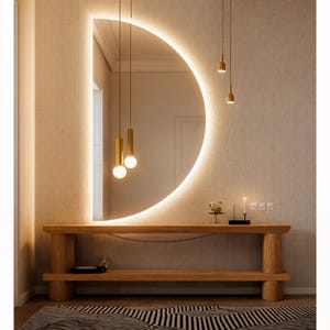 Radius ledspiegel voor hal, moderne muur passpiegel, halve maan ledspiegel, esthetische spiegel met achtergrondverlichting voor badkamer, cadeau voor thuis