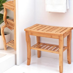 Bamboo Shower Chair – 2-Tier Slatted Bath Bench with Storage Shelf for Indoor/Outdoor Use