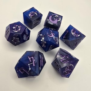 Handmade Resin Dice Set: Blue Purple Clouds, Stars, Moon - DND, Vampire