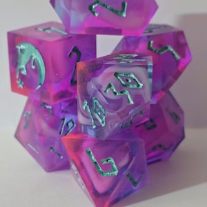 Handmade Resin Dice Set: Pink Purple Swirl, Pastel Green Inked