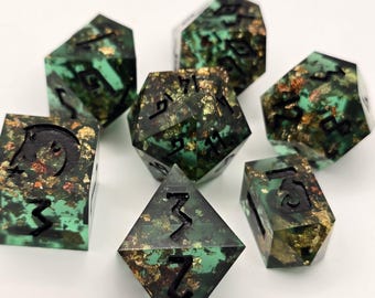 Handmade Green Resin Dice Set: Gold Foil DND Dice