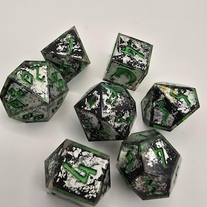 Handmade Resin Dice Set: Holographic Green Inked DND Dice