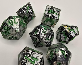 Handmade Resin Dice Set: Holographic Green Inked DND Dice