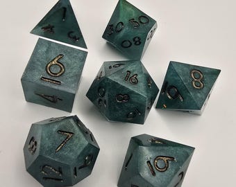 Handmade Resin Dice Set: Green Prismatic Foil, Bronze Inked DND Dice
