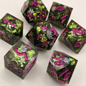 Handmade Floral Resin Dice Set: Green & Pink DND Dice