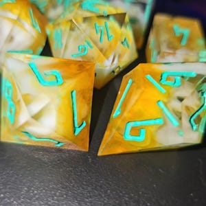 Handmade Resin Dice Set: Yellow, White Swirls, Sea Foam Green Inked