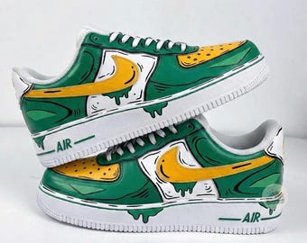 Hand-Painted Green Drip Air Force 1 Sneakers: Custom Yellow Green AF1 Shoes