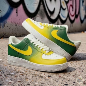 Custom Faded Air Force 1 Sneakers, Hand-Painted Green & Yellow AF1 Shoes