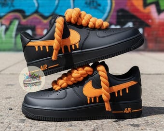 Custom Hand-Painted Orange Drip Air Force 1 Sneakers, Rope Laces, Personalized AF1 Shoes