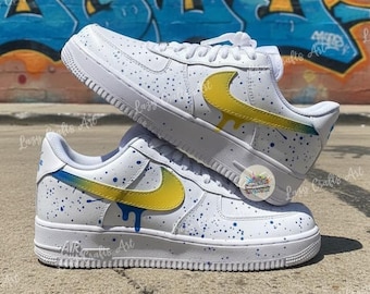 Custom Yellow Drip Air Force 1 – Blue Paint Splatter AF1 Sneakers, Hand-Painted Streetwear Shoes