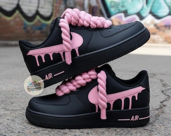 Custom Hand-Painted Pink Drip Air Force 1 Sneakers, Personalized Drip AF1 Shoes, Rope Laces