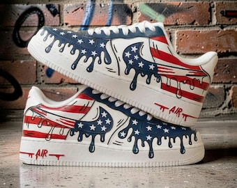 Custom American Flag Drip Air Force 1 Sneakers, Hand-Painted Patriotic USA Streetwear
