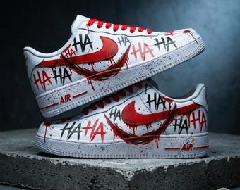 Custom Red Black HAHA Air Force 1 Sneakers, Hand Painted Horror Graffiti AF1 Shoes