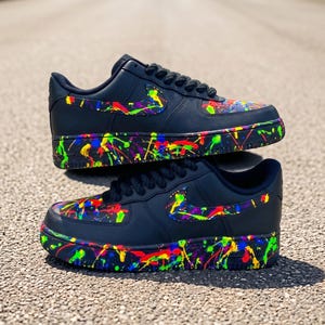 Nike Air Force 1 Black with Yellow Paint Splatter and Green Swoosh Custom Bespoke Black and Yellow Spattered Nike Air Force 1  main image 2