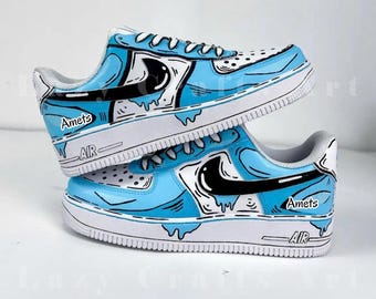 Hand-Painted Air Force 1 Sneakers: Blue Comic Drip Shoes