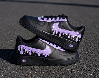 Custom Hand-Painted Air Force 1 Drip Sneakers: Black Lavender Shoes