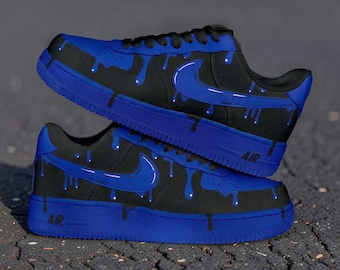 Custom Hand-Painted Blue Drip Air Force 1 Sneakers – Urban Streetwear Fashion Kicks