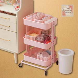 Miniature Rolling Utility Cart Shelf | 1:12 Scale Adjustable Dollhouse Storage Rack | Metal & ABS Organizer Prop