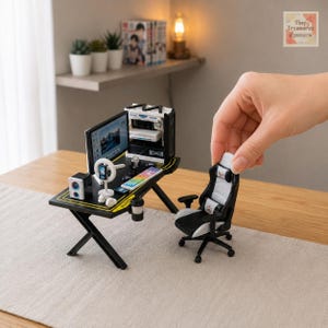 Puede incluir: Un set de juego en miniatura que incluye un escritorio negro con bordes amarillos, un monitor de computadora, una torre, un teclado, un altavoz, una luz de anillo y un micrófono. Junto al escritorio hay una silla de juego en miniatura blanca y negra.