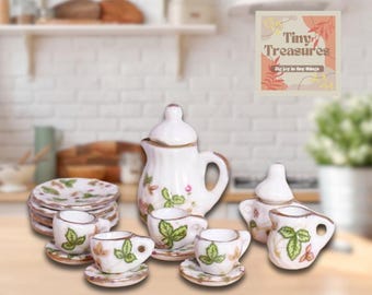 Miniature Porcelain Tea Set – 15-Piece Dollhouse Tea Set, 1:12 Scale Blue Floral China, Tiny Tea Party Set
