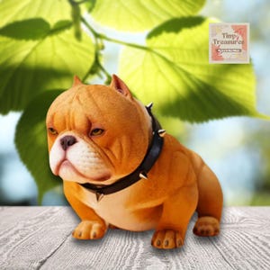 Miniature American Bully Dog Figurine  with Collar – Realistic Resin Pet Model – 1/6 Scale Dollhouse Animal Decor – 5 Colors -6.5x13x8cm