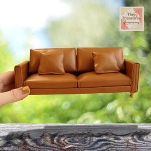 Miniature PU Leather Sofa Set 1:12 Scale – Modern Dollhouse Couch / Armchair with Footrest – White & Brown Mini Furniture for Diorama Scenes