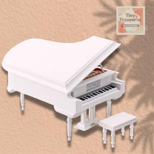 Personalized Miniature White Grand Piano Music Box – 1 6 & 1 12 Scale – Custom Song / Engraving – Elegant Gift with Stool (Black Case)