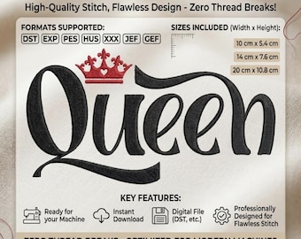 Queen Stickdatei, königliche Schrift, Maschinendatei (Instant Download)