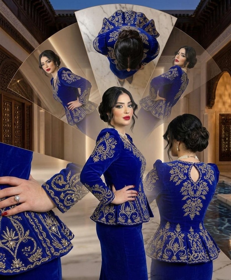 May include: A royal blue velvet ensemble featuring intricate gold embroidery. The outfit includes a fitted jacket with a peplum and a matching skirt. The sleeves and jacket are adorned with detailed floral patterns. The overall design is elegant and formal.