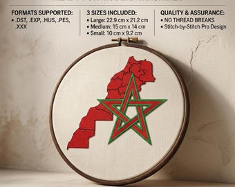 Morocco Map Embroidery Design with Star – Hand Digitized Pro Stitch (Digital Download)