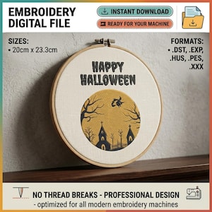 May include: A circular wooden embroidery hoop containing white fabric with the black embroidered text Happy Halloween above a circular mustard yellow patch featuring a black silhouette of a witch flying over a haunted house and trees, 20cm x 23.3cm.