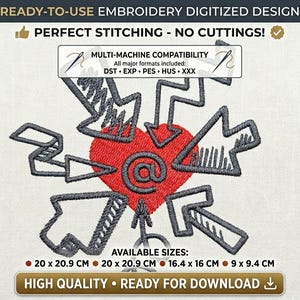 Ricamo moderno con cuore e frecce - File digitale Tech Love - Punto Tatami professionale