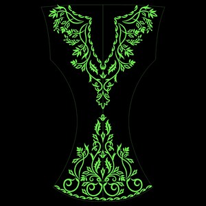 May include: A digital design featuring a vibrant green floral pattern on a black background. The design is symmetrical, with intricate leaf and vine details, suitable for apparel or textile applications.