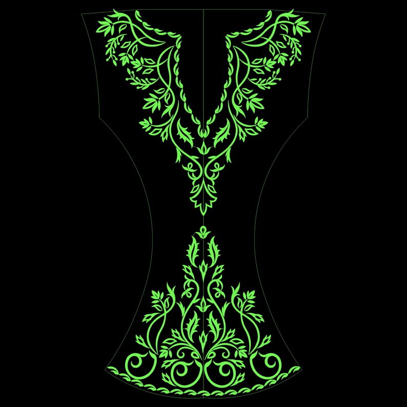 May include: A digital design featuring a vibrant green floral pattern on a black background. The design is symmetrical, with intricate leaf and vine details, suitable for apparel or textile applications.