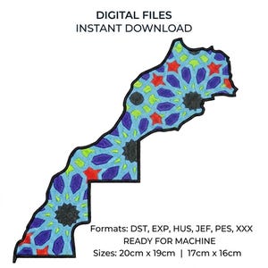 Pode incluir: Um design de bordado do mapa de Marrocos com um padrão geométrico em azul, verde claro e vermelho. Texto: DIGITAL FILES INSTANT DOWNLOAD. Formatos: DST, EXP, HUS, JEF, PES, XXX READY FOR MACHINE. Tamanhos: 20cm x 19cm | 17cm x 16cm.