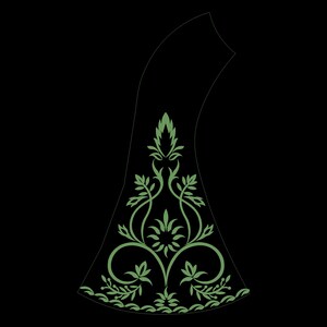 May include: A stylized, green floral design on a black background. The design features intricate leaf and vine patterns, with a curved, elongated shape. The overall aesthetic is reminiscent of vintage botanical illustrations.