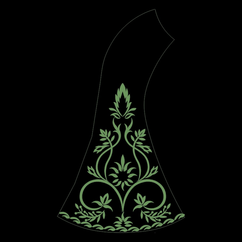 May include: A stylized, green floral design on a black background. The design features intricate leaf and vine patterns, with a curved, elongated shape. The overall aesthetic is reminiscent of vintage botanical illustrations.