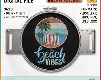 Retro Beach Vibes Stickdatei - Palmen, Surfbretter, Sonnenuntergang (Digitale Datei)