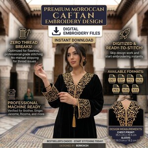Puede incluir: Un caftán negro con bordados dorados se muestra en la imagen. El caftán tiene cuello en V y mangas largas. El texto dice "Premium Moroccan Caftan Embroidery Design" y "Digital Embroidery Files". El pecho/delantero mide 35,5 cm x 39,5 cm, y la manga es de 59,3 cm x 18,2 cm.