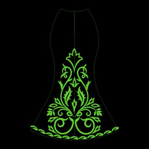 May include: A black dress silhouette with a vibrant green floral design. The design features swirling vines, leaves, and decorative elements, creating an elegant and detailed pattern. The dress has a flared skirt.