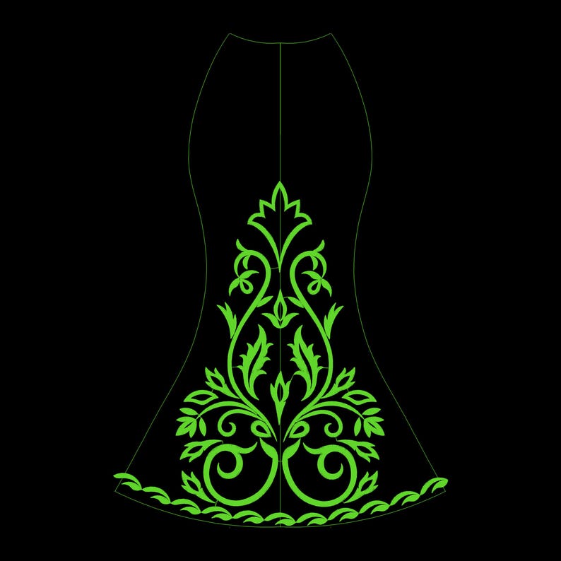 May include: A black dress silhouette with a vibrant green floral design. The design features swirling vines, leaves, and decorative elements, creating an elegant and detailed pattern. The dress has a flared skirt.